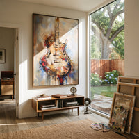 Transparent Cello Figure centers on vertical transparent cello shape with black linework, red accents, and misty blue beige ground. The visual structure is specific to this artwork: the main instrument shapes, note marks, performer silhouettes, brush direction, and surrounding color fields are arranged as a single musical composition rather than as a generic decorative pattern. The brown, blue, beige palette sets the mood, with dark linework, pale negative space, and saturated accents guiding