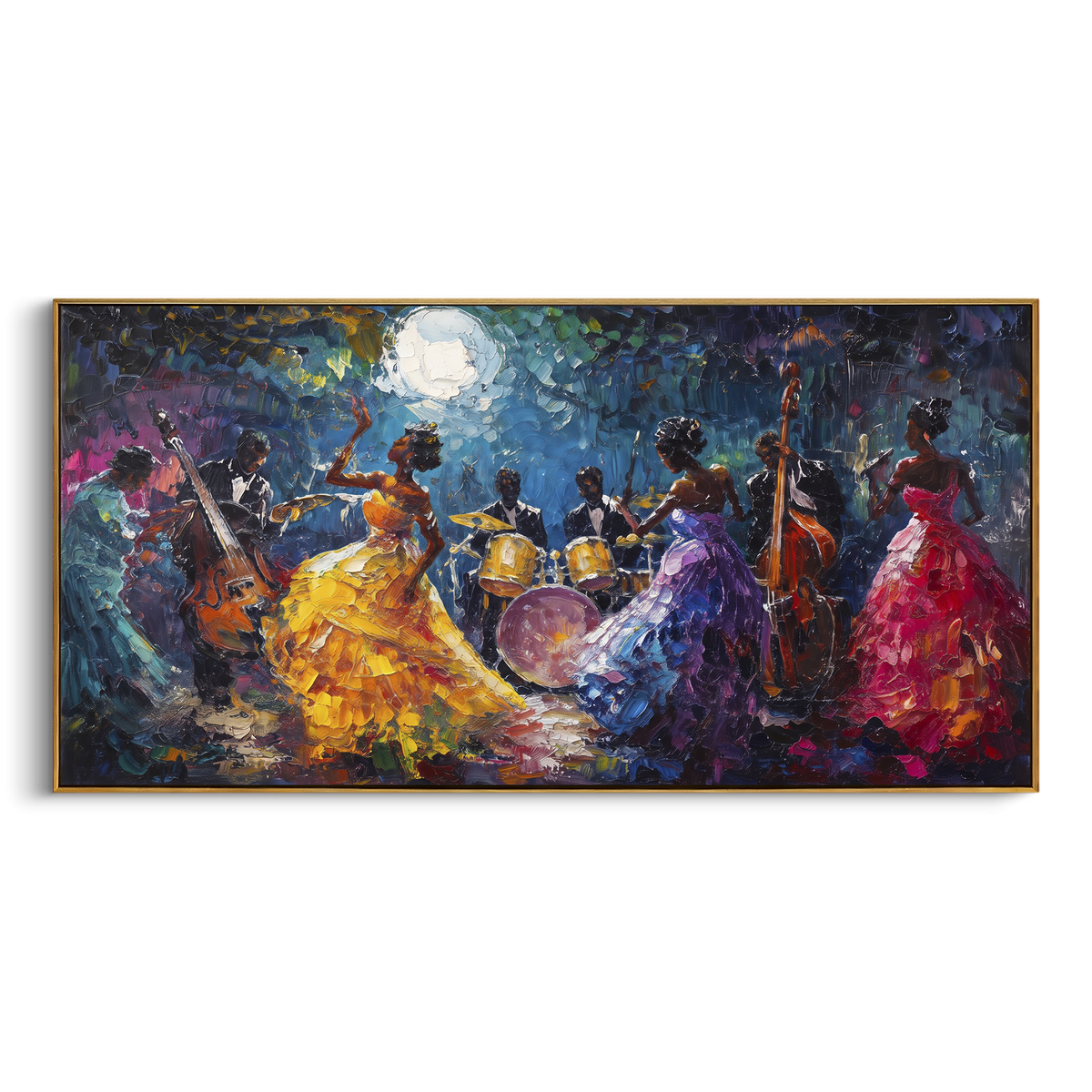 Moonlit Dance Orchestra centers on night orchestra scene with colorful dancers, drums, upright bass, moonlight, and deep blue ground. The visual structure is specific to this artwork: the main instrument shapes, note marks, performer silhouettes, brush direction, and surrounding color fields are arranged as a single musical composition rather than as a generic decorative pattern. The blue, yellow, red palette sets the mood, with dark linework, pale negative space, and saturated accents guiding