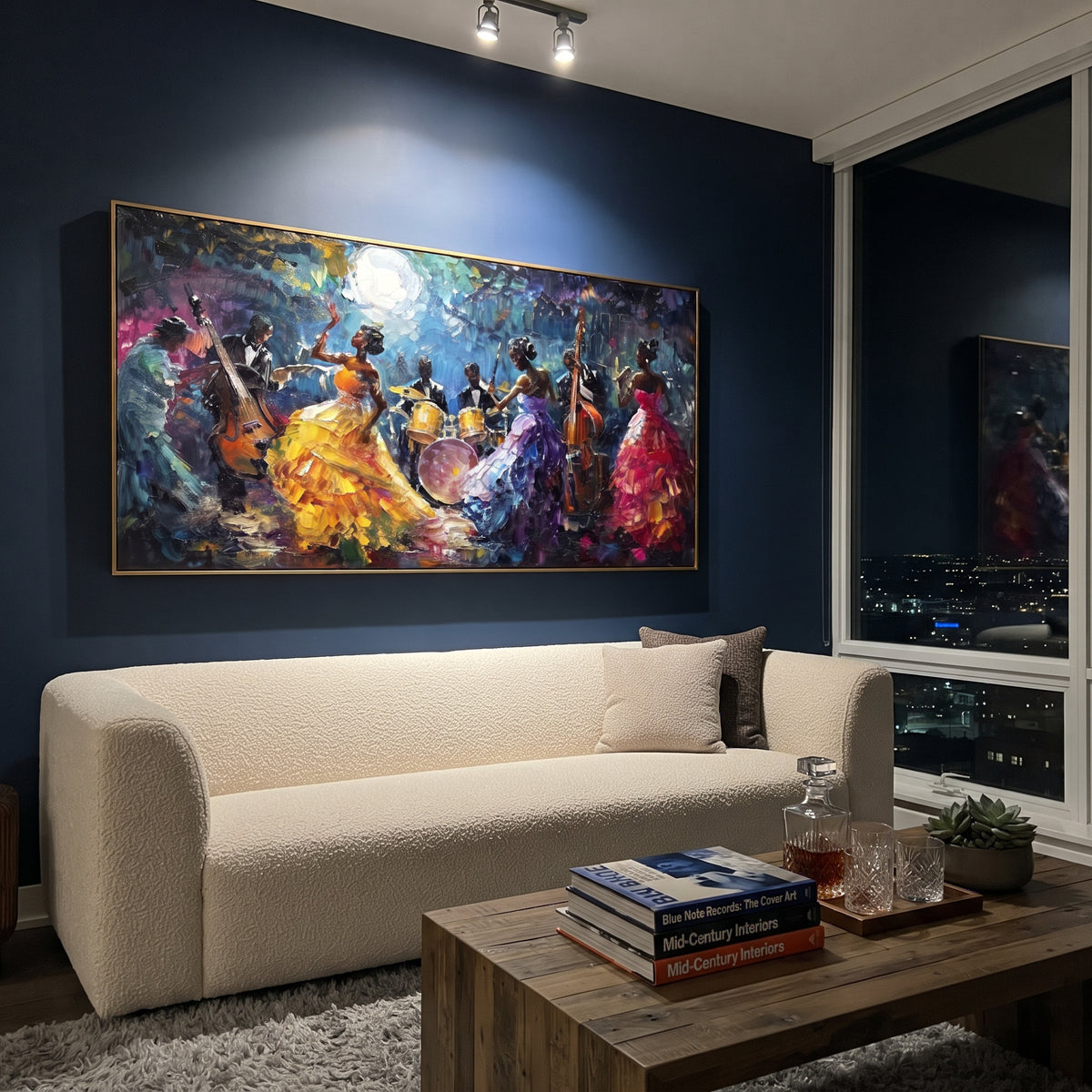 Moonlit Dance Orchestra centers on night orchestra scene with colorful dancers, drums, upright bass, moonlight, and deep blue ground. The visual structure is specific to this artwork: the main instrument shapes, note marks, performer silhouettes, brush direction, and surrounding color fields are arranged as a single musical composition rather than as a generic decorative pattern. The blue, yellow, red palette sets the mood, with dark linework, pale negative space, and saturated accents guiding