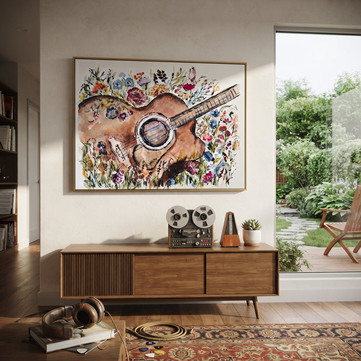 Floral Acoustic Guitar centers on acoustic guitar surrounded by loose flowers and leaves in watercolor-like garden texture. The visual structure is specific to this artwork: the main instrument shapes, note marks, performer silhouettes, brush direction, and surrounding color fields are arranged as a single musical composition rather than as a generic decorative pattern. The brown, green, pink palette sets the mood, with dark linework, pale negative space, and saturated accents guiding the eye