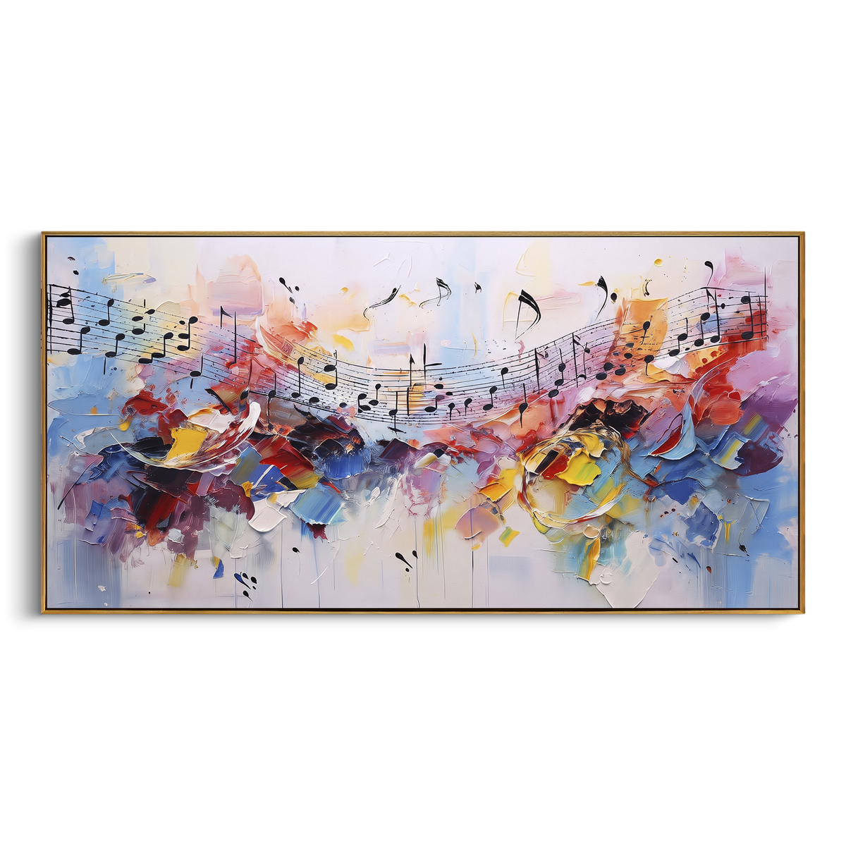 Pastel Music Ribbon centers on pastel blue pink yellow music ribbon with black staff marks and soft paint drips. The visual structure is specific to this artwork: the main instrument shapes, note marks, performer silhouettes, brush direction, and surrounding color fields are arranged as a single musical composition rather than as a generic decorative pattern. The blue, pink, yellow palette sets the mood, with dark linework, pale negative space, and saturated accents guiding the eye through the