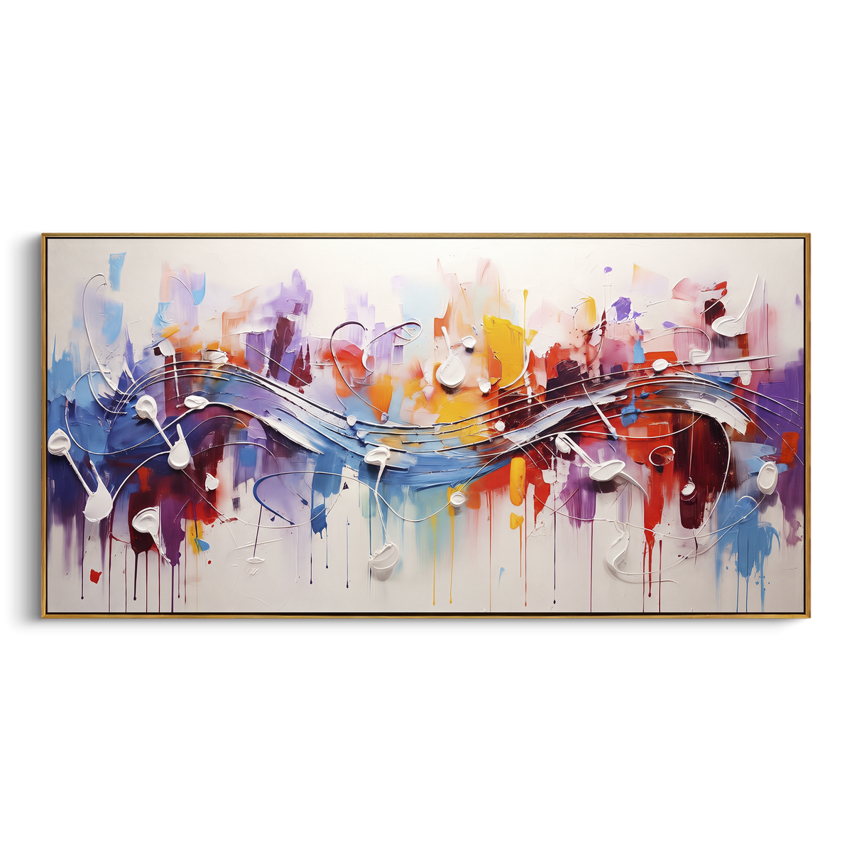 Color Wash Music Staff centers on broad blue red orange music staff with white notes and dripping paint on pale ground. The visual structure is specific to this artwork: the main instrument shapes, note marks, performer silhouettes, brush direction, and surrounding color fields are arranged as a single musical composition rather than as a generic decorative pattern. The blue, red, orange palette sets the mood, with dark linework, pale negative space, and saturated accents guiding the eye through