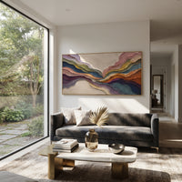 Multicolor Strata Flow Relief presents multicolor layered strata with indigo, teal, ochre, coral and cream flowing bands. The composition is built from visible raised bands, ridges, and softened edges rather than a flat printed pattern, so light catches the high and low passages across the canvas. Multicolor layered strata with indigo, teal, ochre, coral and cream flowing bands guide the eye through the work, with stronger contrast held near the central movement and quieter negative space around