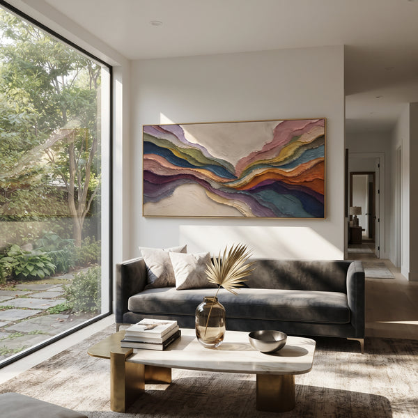 "Multicolor Strata Flow Relief" - Modern Heavy Impasto Topographic Abstract | Purple & Blue Palette Knife Painting | Luxury Horizontal Wall Art #PT 2820