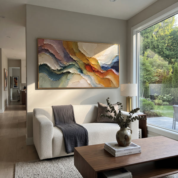 "Pastel Mineral Current Relief" - Modern Heavy Impasto Geometric Abstract | Pink & Purple Palette Knife Painting | Luxury Horizontal Wall Art #PT 2821