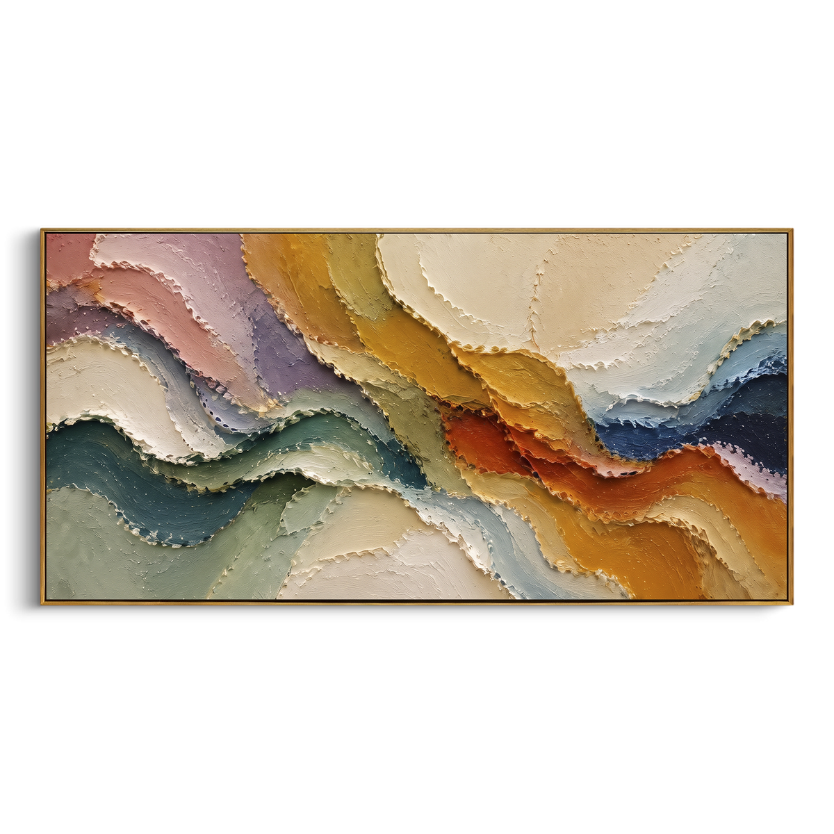 Pastel Mineral Current Relief presents pastel lavender, blush, ochre, teal and cream mineral bands. The composition is built from visible raised bands, ridges, and softened edges rather than a flat printed pattern, so light catches the high and low passages across the canvas. Pastel lavender, blush, ochre, teal and cream mineral bands guide the eye through the work, with stronger contrast held near the central movement and quieter negative space around the edges. The palette balances tactile