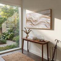 Gold Threaded Cloud Relief presents white layered cloud bands crossed by fine gold lines on warm ivory. The composition is built from visible raised bands, ridges, and softened edges rather than a flat printed pattern, so light catches the high and low passages across the canvas. White layered cloud bands crossed by fine gold lines on warm ivory guide the eye through the work, with stronger contrast held near the central movement and quieter negative space around the edges. The palette balances