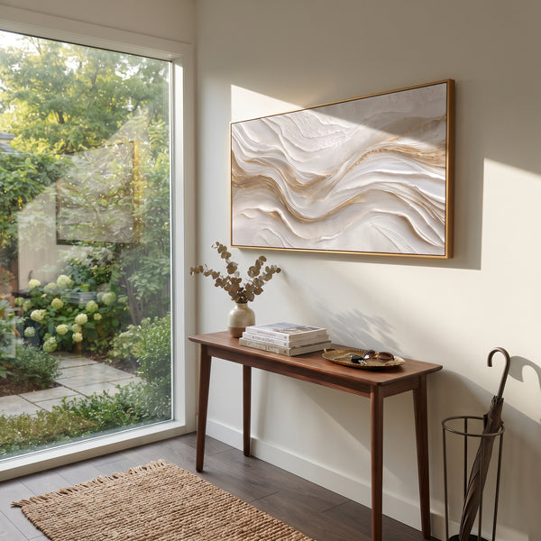 "Gold Threaded Cloud Relief" - Modern Heavy Impasto Abstract Artwork | White & Beige Palette Knife Painting | Luxury Horizontal Wall Art #PT 2823