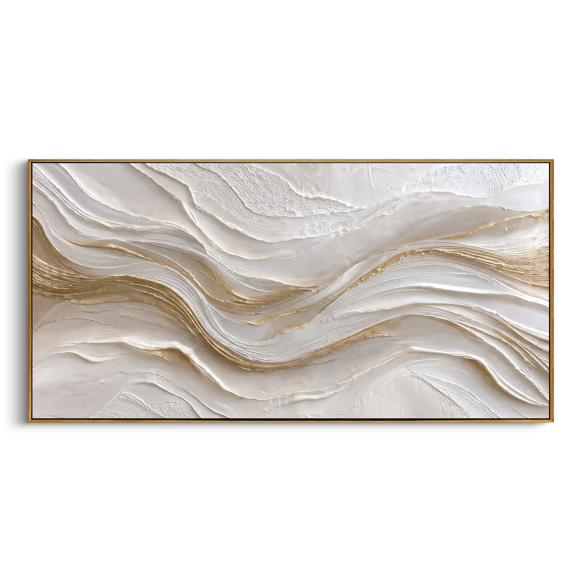 "Gold Threaded Cloud Relief" - Modern Heavy Impasto Abstract Artwork | White & Beige Palette Knife Painting | Luxury Horizontal Wall Art #PT 2823