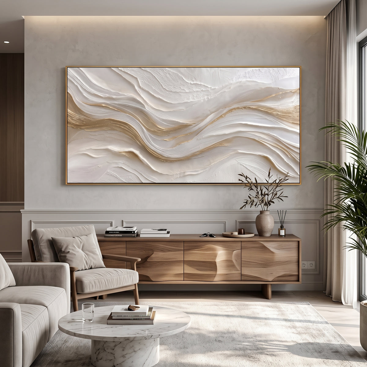 Gold Threaded Cloud Relief presents white layered cloud bands crossed by fine gold lines on warm ivory. The composition is built from visible raised bands, ridges, and softened edges rather than a flat printed pattern, so light catches the high and low passages across the canvas. White layered cloud bands crossed by fine gold lines on warm ivory guide the eye through the work, with stronger contrast held near the central movement and quieter negative space around the edges. The palette balances