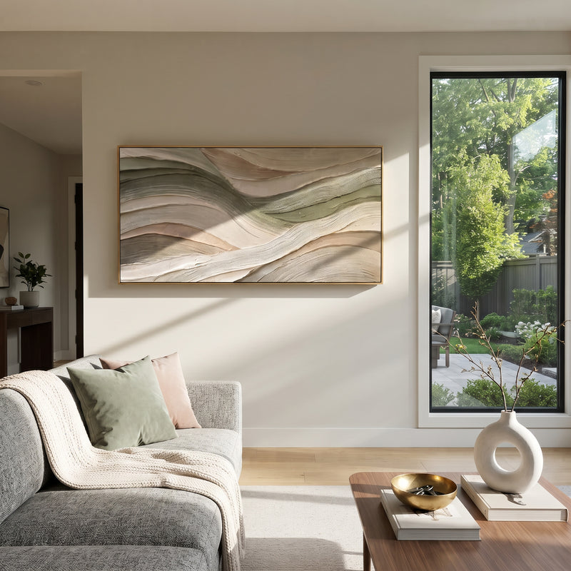 "Sage Blush Ribbon Relief" - Modern Heavy Impasto Topographic Abstract | White & Green Palette Knife Painting | Luxury Horizontal Wall Art #PT 2824