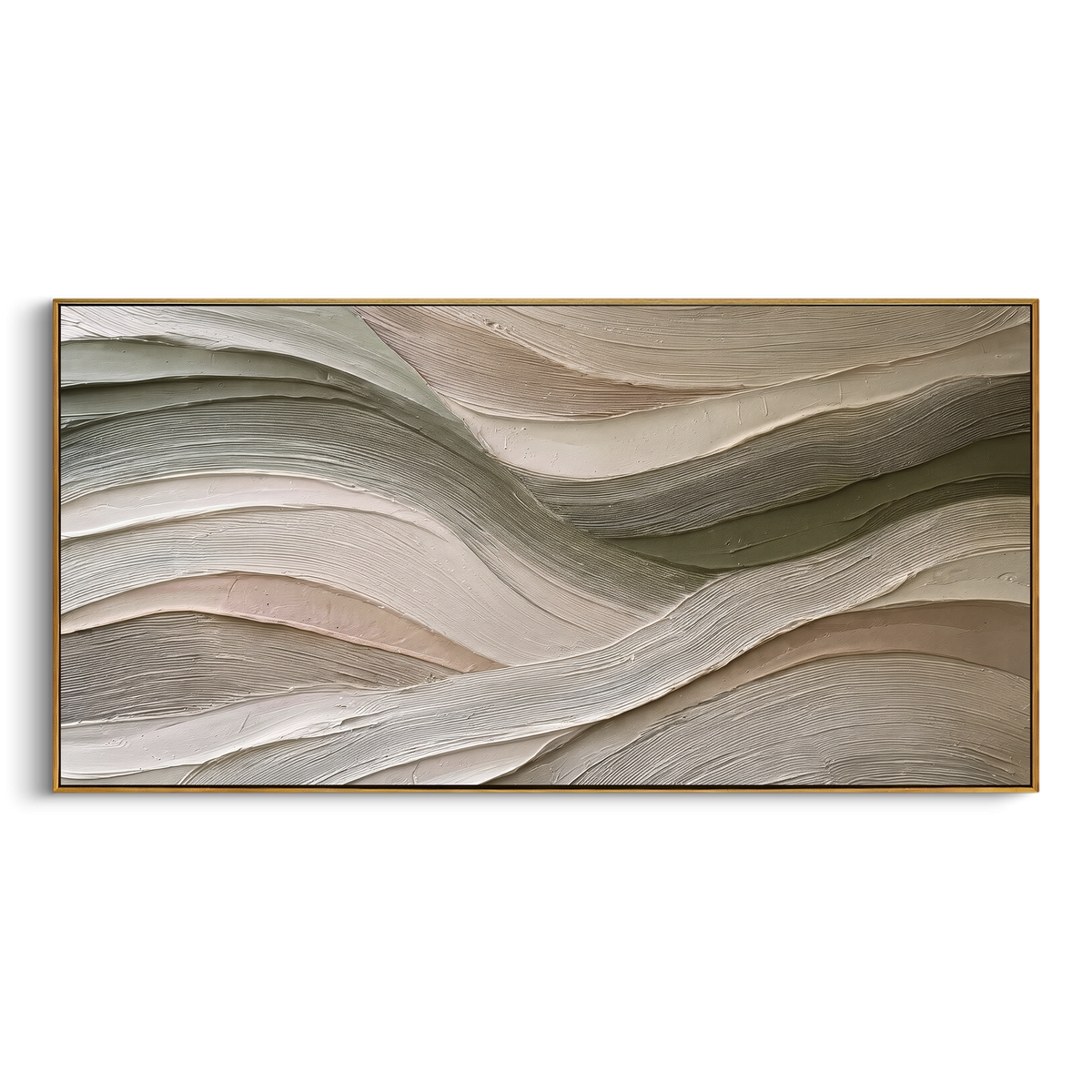 Sage Blush Ribbon Relief presents sage, blush, ivory and taupe ribbons in calm layered contour lines. The composition is built from visible raised bands, ridges, and softened edges rather than a flat printed pattern, so light catches the high and low passages across the canvas. Sage, blush, ivory and taupe ribbons in calm layered contour lines guide the eye through the work, with stronger contrast held near the central movement and quieter negative space around the edges. The palette balances