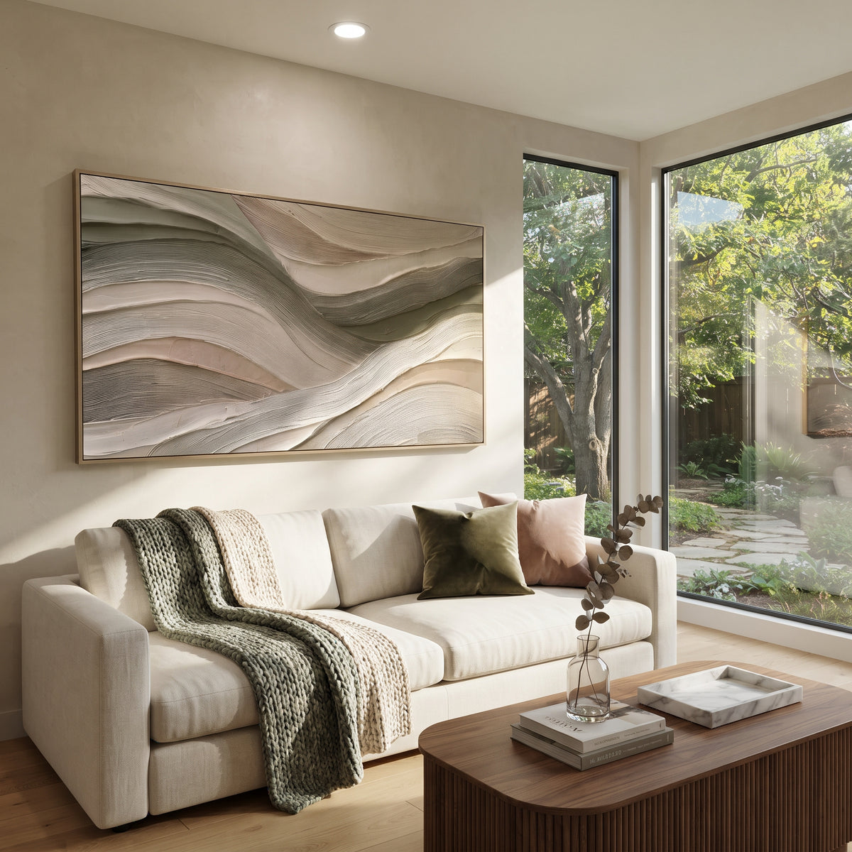 Sage Blush Ribbon Relief presents sage, blush, ivory and taupe ribbons in calm layered contour lines. The composition is built from visible raised bands, ridges, and softened edges rather than a flat printed pattern, so light catches the high and low passages across the canvas. Sage, blush, ivory and taupe ribbons in calm layered contour lines guide the eye through the work, with stronger contrast held near the central movement and quieter negative space around the edges. The palette balances