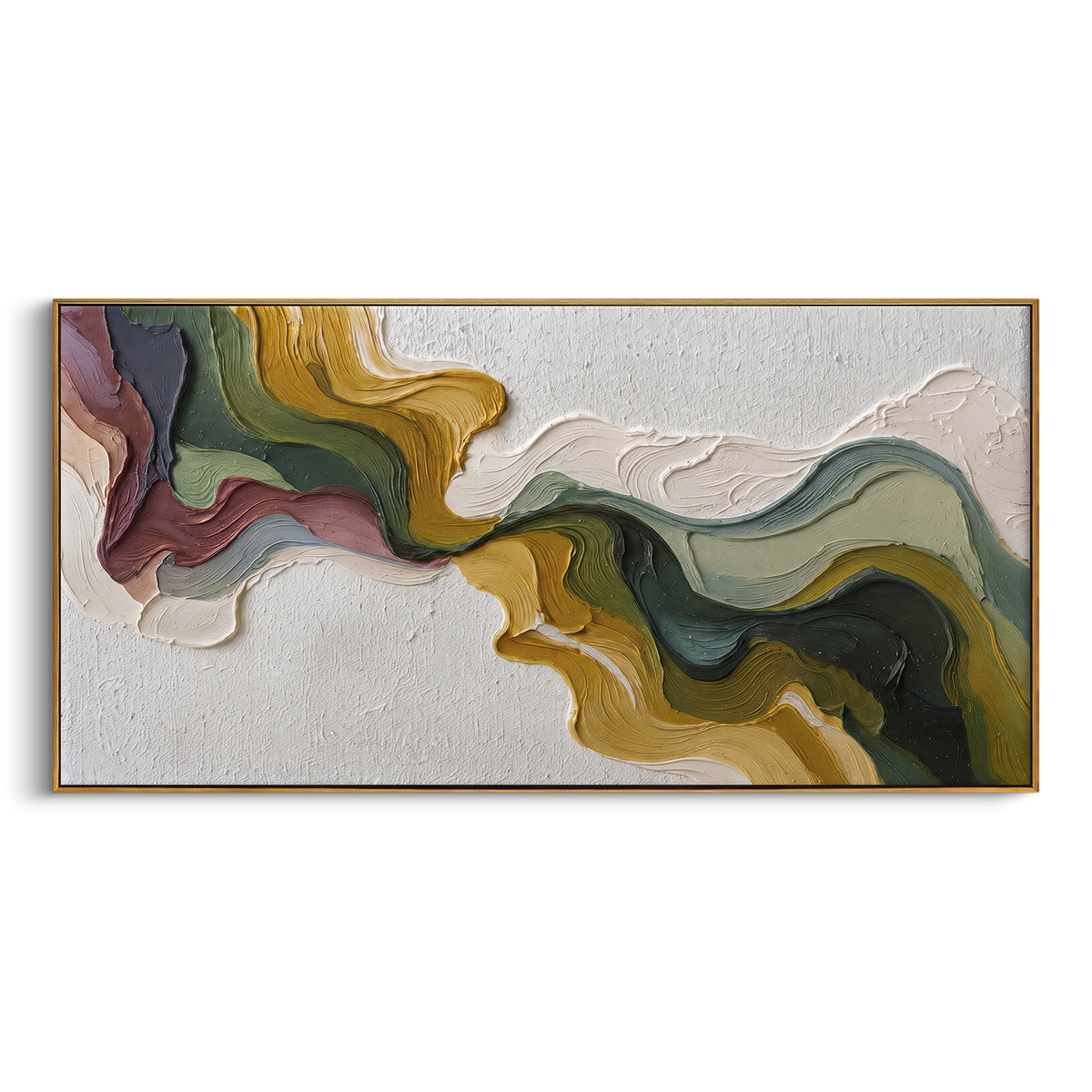"Forest Ochre Ribbon Relief" - Modern Heavy Impasto Geometric Abstract | Green & Brown Palette Knife Painting | Luxury Horizontal Wall Art #PT 2826