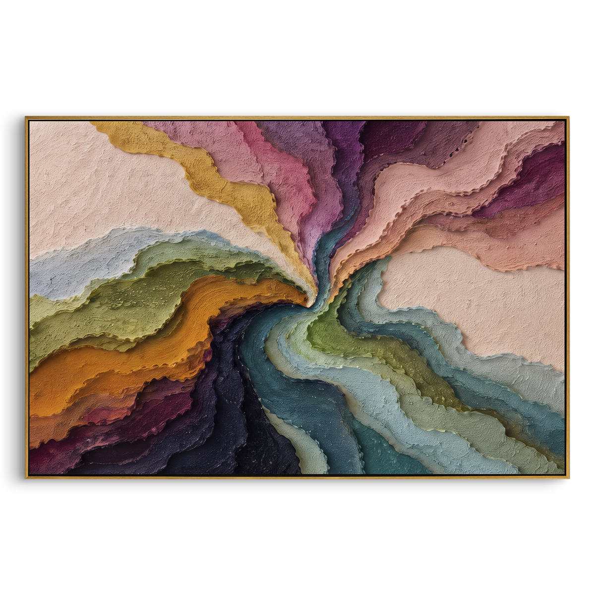 Jewel Current Panorama Relief presents violet, teal, emerald, ochre and charcoal currents converging through the field. The composition is built from visible raised bands, ridges, and softened edges rather than a flat printed pattern, so light catches the high and low passages across the canvas. Violet, teal, emerald, ochre and charcoal currents converging through the field guide the eye through the work, with stronger contrast held near the central movement and quieter negative space around the