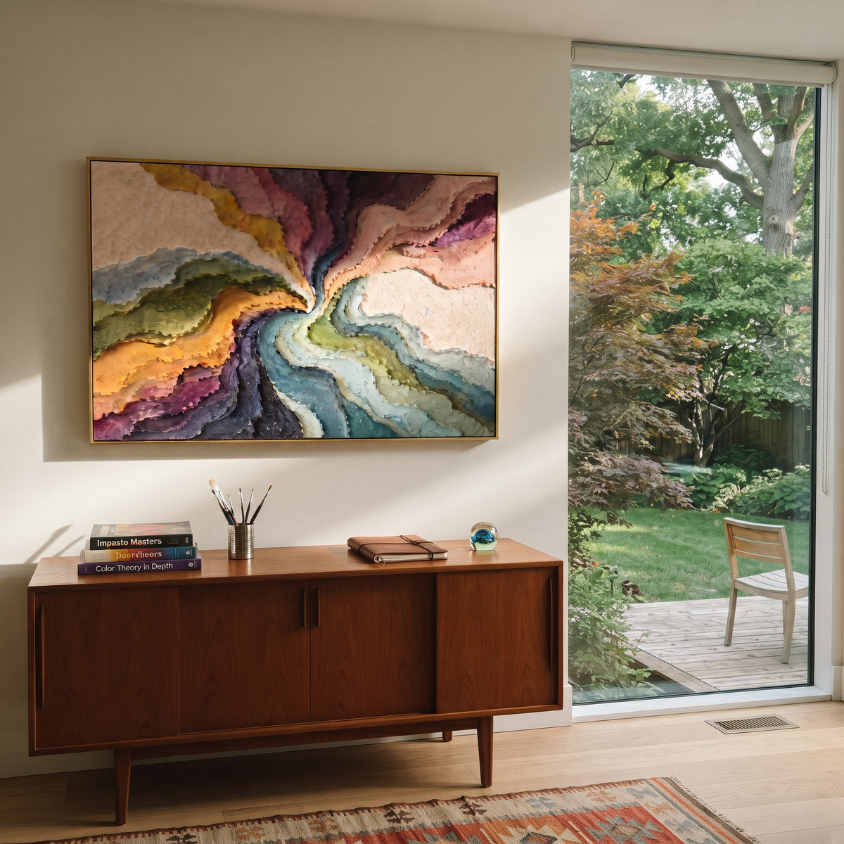 Jewel Current Panorama Relief presents violet, teal, emerald, ochre and charcoal currents converging through the field. The composition is built from visible raised bands, ridges, and softened edges rather than a flat printed pattern, so light catches the high and low passages across the canvas. Violet, teal, emerald, ochre and charcoal currents converging through the field guide the eye through the work, with stronger contrast held near the central movement and quieter negative space around the