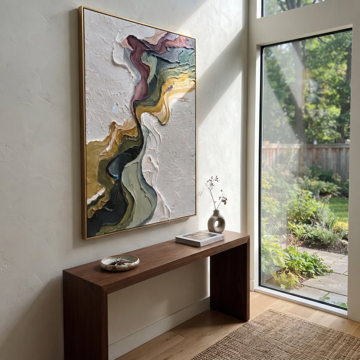 Colorful Impasto Horizon Relief presents sunlit yellow, orange, blue, violet and green impasto blocks. The composition is built from visible raised bands, ridges, and softened edges rather than a flat printed pattern, so light catches the high and low passages across the canvas. Sunlit yellow, orange, blue, violet and green impasto blocks guide the eye through the work, with stronger contrast held near the central movement and quieter negative space around the edges. The palette balances tactile