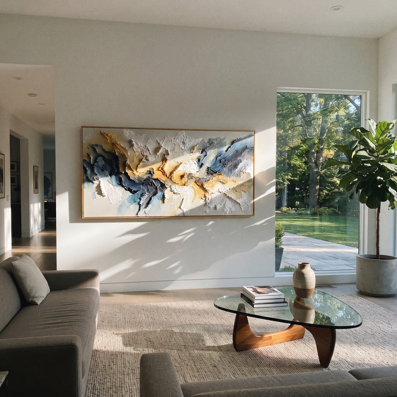 "Ivory Parallel Wave Relief" - Modern Heavy Impasto Ocean Wave Seascape | White & Beige Palette Knife Painting | Luxury Horizontal Wall Art #PT 2831