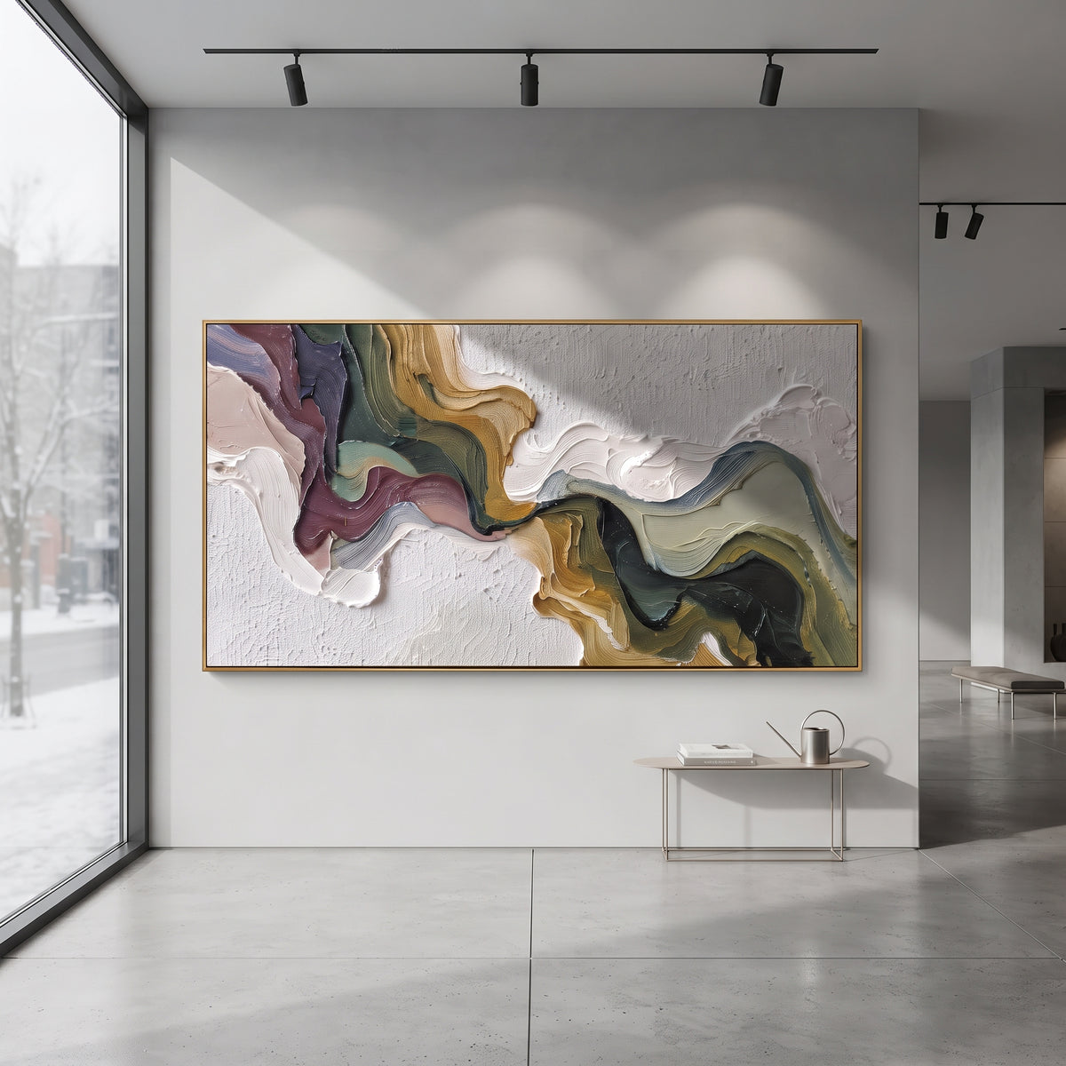 Teal Plum Horizon Relief presents teal, plum, blush, gold and white bands forming a narrow abstract horizon. The composition is built from visible raised bands, ridges, and softened edges rather than a flat printed pattern, so light catches the high and low passages across the canvas. Teal, plum, blush, gold and white bands forming a narrow abstract horizon guide the eye through the work, with stronger contrast held near the central movement and quieter negative space around the edges. The