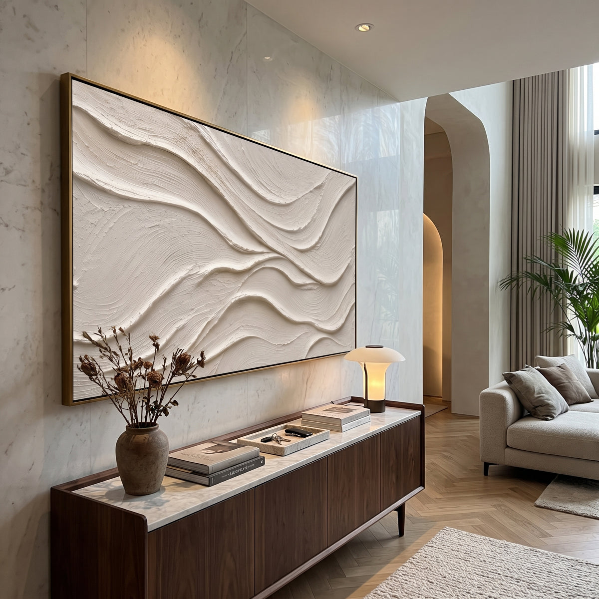 Sage Gold Swirl Relief presents sage and gold ribbons swirling around plum and ivory passages. The composition is built from visible raised bands, ridges, and softened edges rather than a flat printed pattern, so light catches the high and low passages across the canvas. Sage and gold ribbons swirling around plum and ivory passages guide the eye through the work, with stronger contrast held near the central movement and quieter negative space around the edges. The palette balances tactile