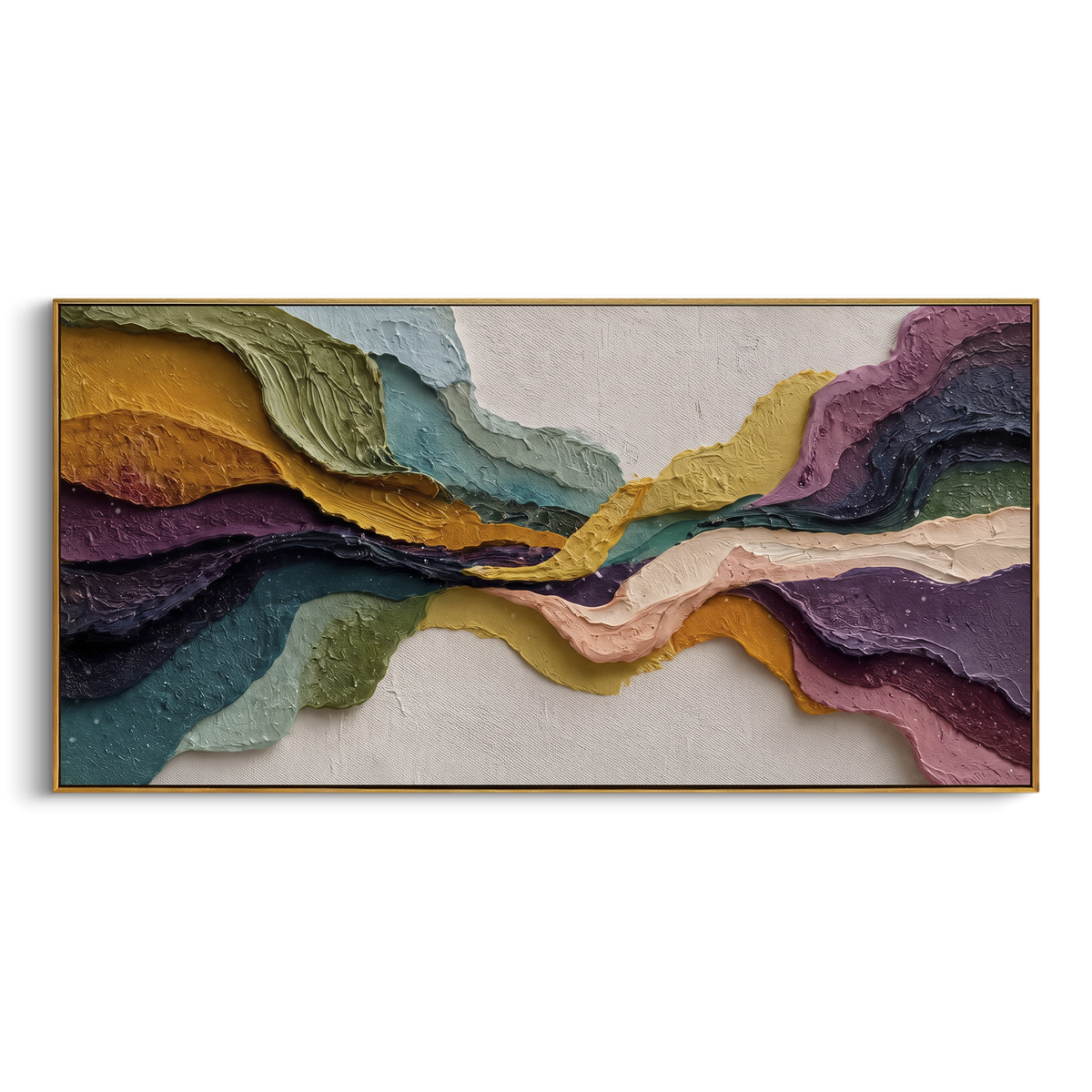 Lavender Prism Impasto Relief presents lavender, pink, aqua, lime, orange and yellow impasto fragments. The composition is built from visible raised bands, ridges, and softened edges rather than a flat printed pattern, so light catches the high and low passages across the canvas. Lavender, pink, aqua, lime, orange and yellow impasto fragments guide the eye through the work, with stronger contrast held near the central movement and quieter negative space around the edges. The palette balances