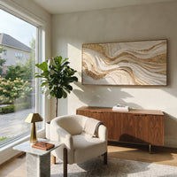 Warm Ivory Vertical Wave Relief presents warm ivory vertical waves with taupe shadows and deep carved channels. The composition is built from visible raised bands, ridges, and softened edges rather than a flat printed pattern, so light catches the high and low passages across the canvas. Warm ivory vertical waves with taupe shadows and deep carved channels guide the eye through the work, with stronger contrast held near the central movement and quieter negative space around the edges. The