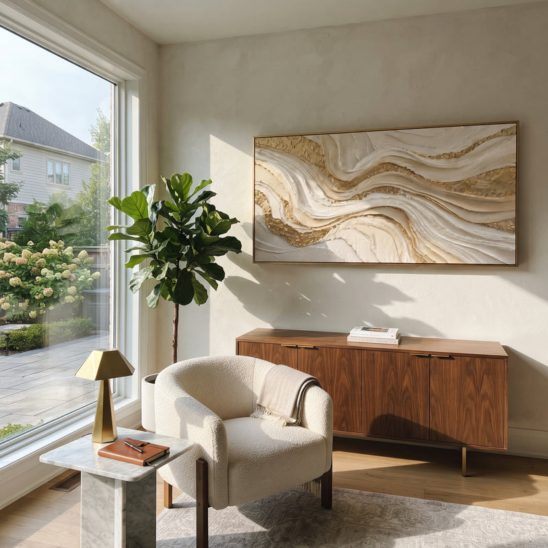 "Warm Ivory Vertical Wave Relief" - Modern Heavy Impasto Ocean Wave Seascape | White & Beige Palette Knife Painting | Luxury Horizontal Wall Art #PT 2838