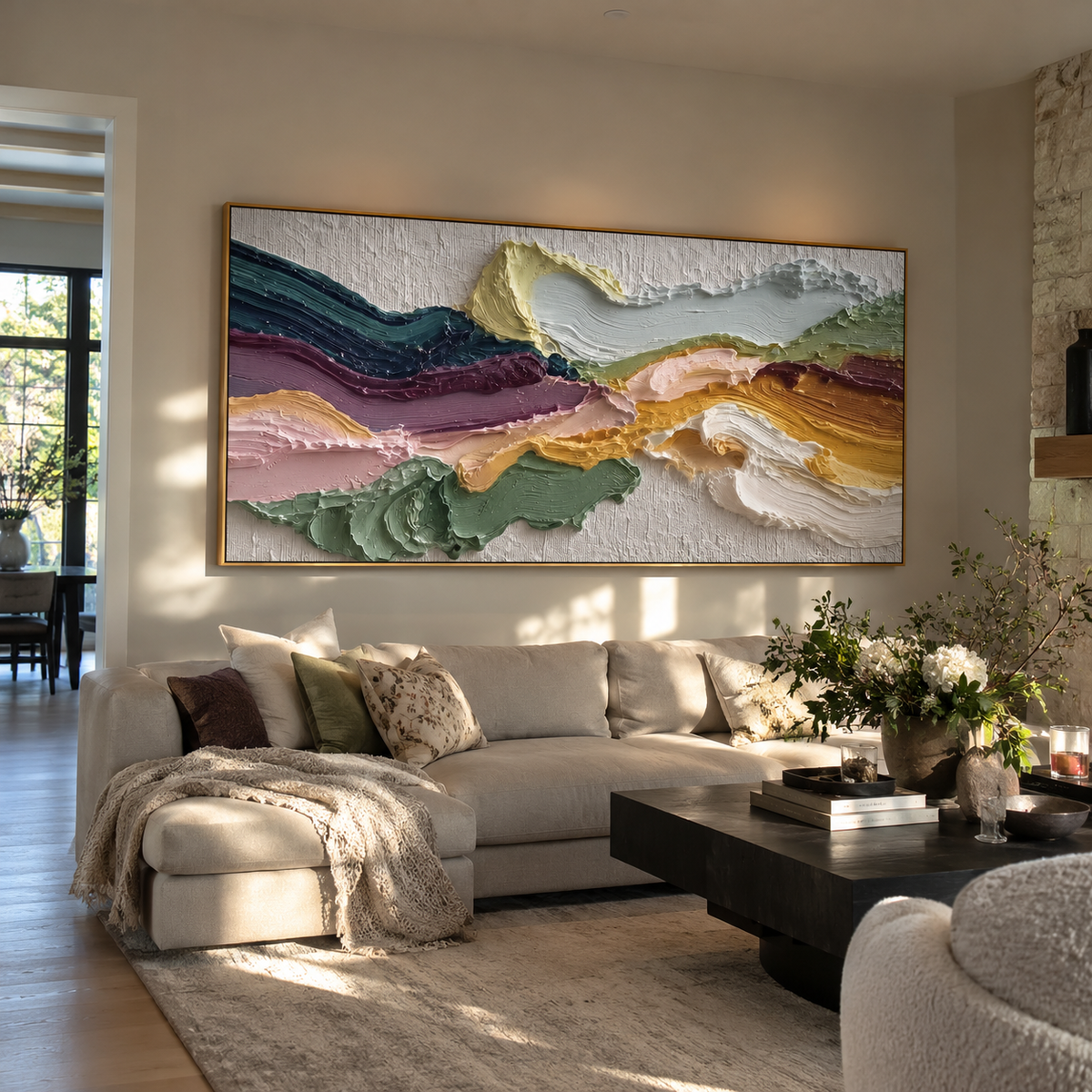 Olive Rose Mineral Fold Relief presents olive, rose, ochre and ivory folded bands with sculptural edges. The composition is built from visible raised bands, ridges, and softened edges rather than a flat printed pattern, so light catches the high and low passages across the canvas. Olive, rose, ochre and ivory folded bands with sculptural edges guide the eye through the work, with stronger contrast held near the central movement and quieter negative space around the edges. The palette balances