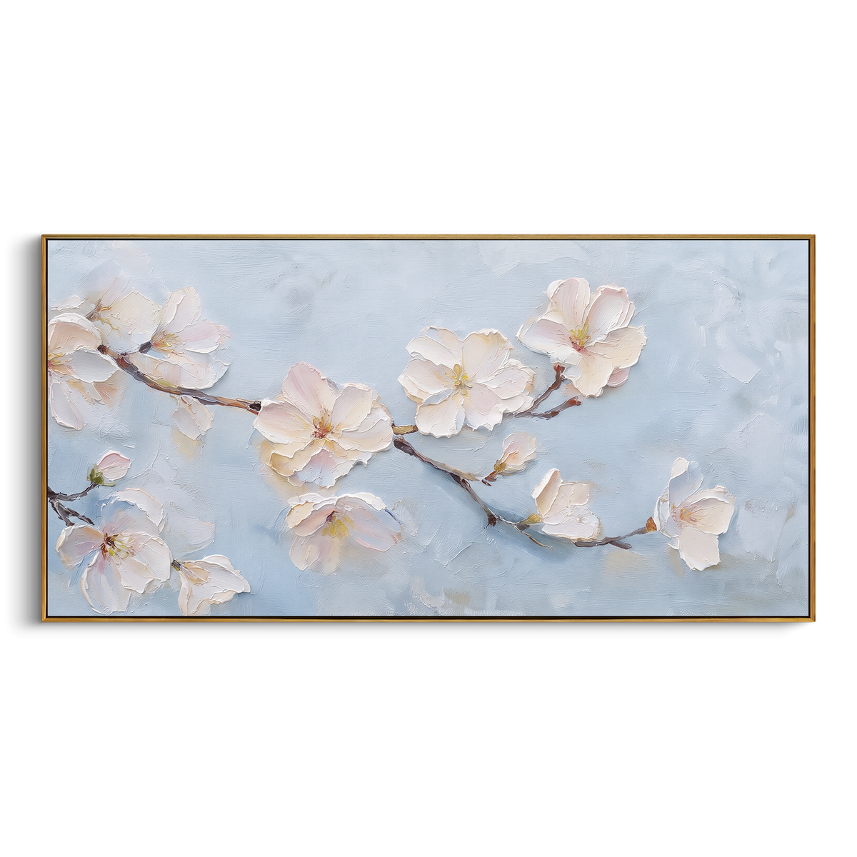 White Blossom Branch focuses on white blossoms on delicate branches against a pale blue ground. The visible subject is placed within a carefully balanced painted field, with the main silhouette, feather, fur, petals, branches, clothing, landscape or background marks kept specific to this artwork. The palette of white, blue, green creates the mood through clear warm and cool relationships, while lighter passages open the composition and darker passages give the focal form weight. Raised impasto