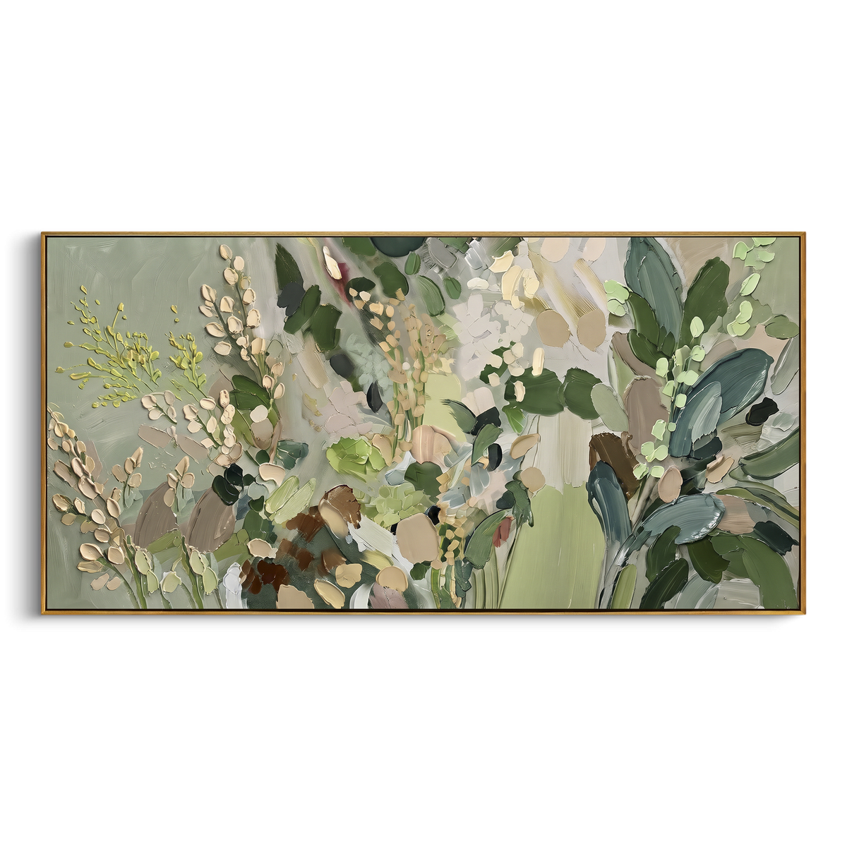 Sage Wildflower Meadow focuses on a sage green meadow of small white flowers, seed heads and loose leaves. The visible subject is placed within a carefully balanced painted field, with the main silhouette, feather, fur, petals, branches, clothing, landscape or background marks kept specific to this artwork. The palette of green, white, beige creates the mood through clear warm and cool relationships, while lighter passages open the composition and darker passages give the focal form weight.