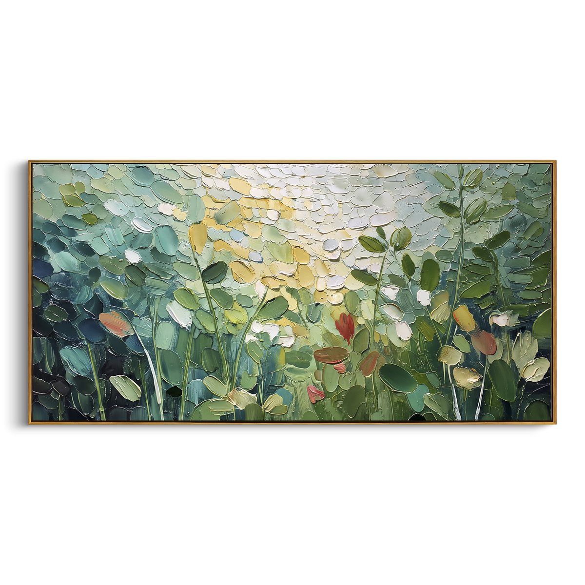 Green Leafy Flower Field focuses on a leafy green field punctuated by pale yellow and white flowers. The visible subject is placed within a carefully balanced painted field, with the main silhouette, feather, fur, petals, branches, clothing, landscape or background marks kept specific to this artwork. The palette of green, yellow, white creates the mood through clear warm and cool relationships, while lighter passages open the composition and darker passages give the focal form weight. Raised