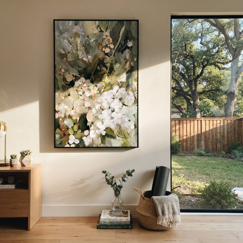 "Muted Botanical Bouquet" - Modern Heavy Impasto Floral Abstract | Green & White Palette Knife Painting | Luxury Vertical Wall Art #PT 2847