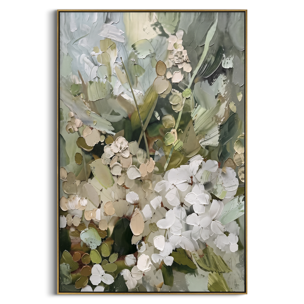 Muted Botanical Bouquet focuses on a vertical botanical arrangement of pale blossoms, round leaves and soft green stems. The visible subject is placed within a carefully balanced painted field, with the main silhouette, feather, fur, petals, branches, clothing, landscape or background marks kept specific to this artwork. The palette of green, white, grey creates the mood through clear warm and cool relationships, while lighter passages open the composition and darker passages give the focal form