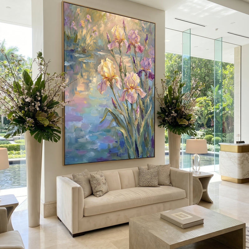 "Lavender Iris Garden" - Modern Heavy Impasto Floral Abstract | Purple & Yellow Palette Knife Painting | Luxury Vertical Wall Art #PT 2848