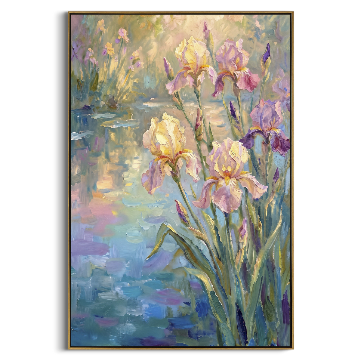 Lavender Iris Garden focuses on tall lavender and yellow iris flowers rising from a blue-green garden. The visible subject is placed within a carefully balanced painted field, with the main silhouette, feather, fur, petals, branches, clothing, landscape or background marks kept specific to this artwork. The palette of purple, yellow, blue creates the mood through clear warm and cool relationships, while lighter passages open the composition and darker passages give the focal form weight. Raised