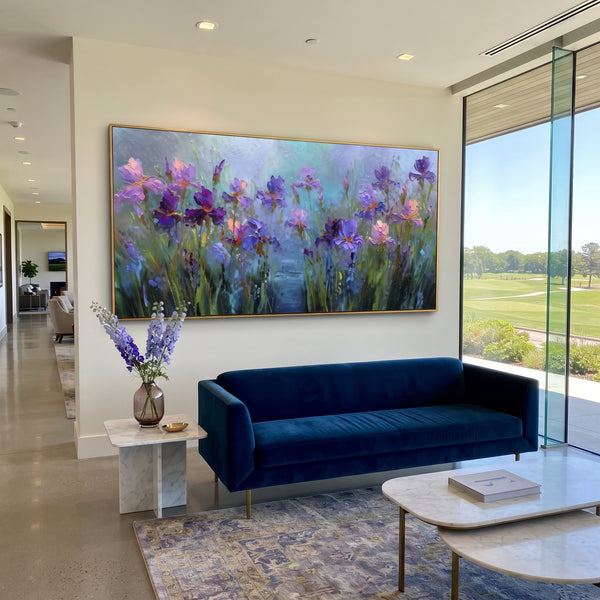 "Twilight Iris Meadow" - Modern Heavy Impasto Landscape Artwork | Purple & Blue Palette Knife Painting | Luxury Horizontal Wall Art #PT 2849