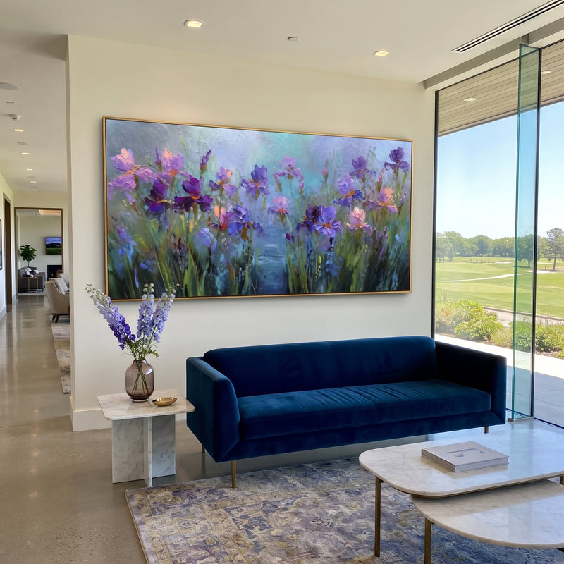 "Twilight Iris Meadow" - Modern Heavy Impasto Landscape Artwork | Purple & Blue Palette Knife Painting | Luxury Horizontal Wall Art #PT 2849