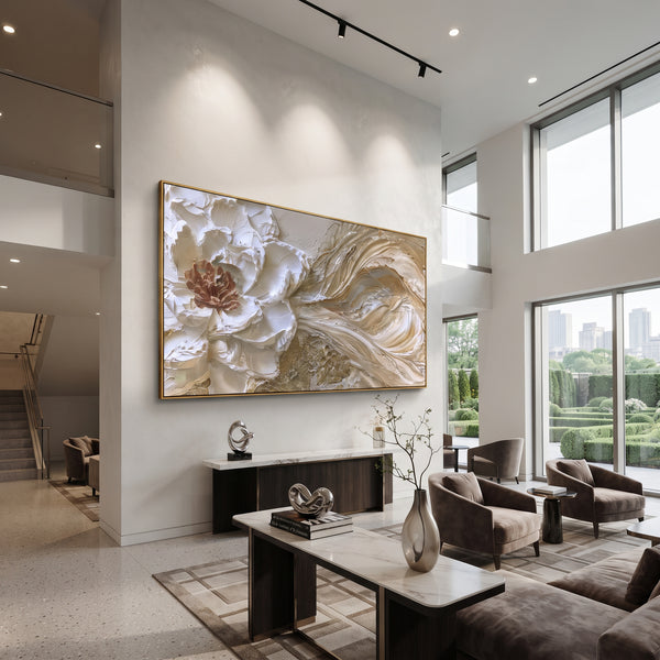 "Cream Gold Floral Current" - Modern Heavy Impasto Floral Abstract | White & Gold Palette Knife Painting | Luxury Horizontal Wall Art #PT 2850