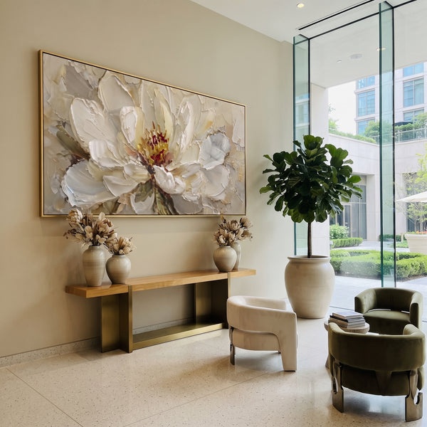 "White Magnolia Closeup" - Modern Heavy Impasto Floral Abstract | White & Beige Palette Knife Painting | Luxury Horizontal Wall Art #PT 2851