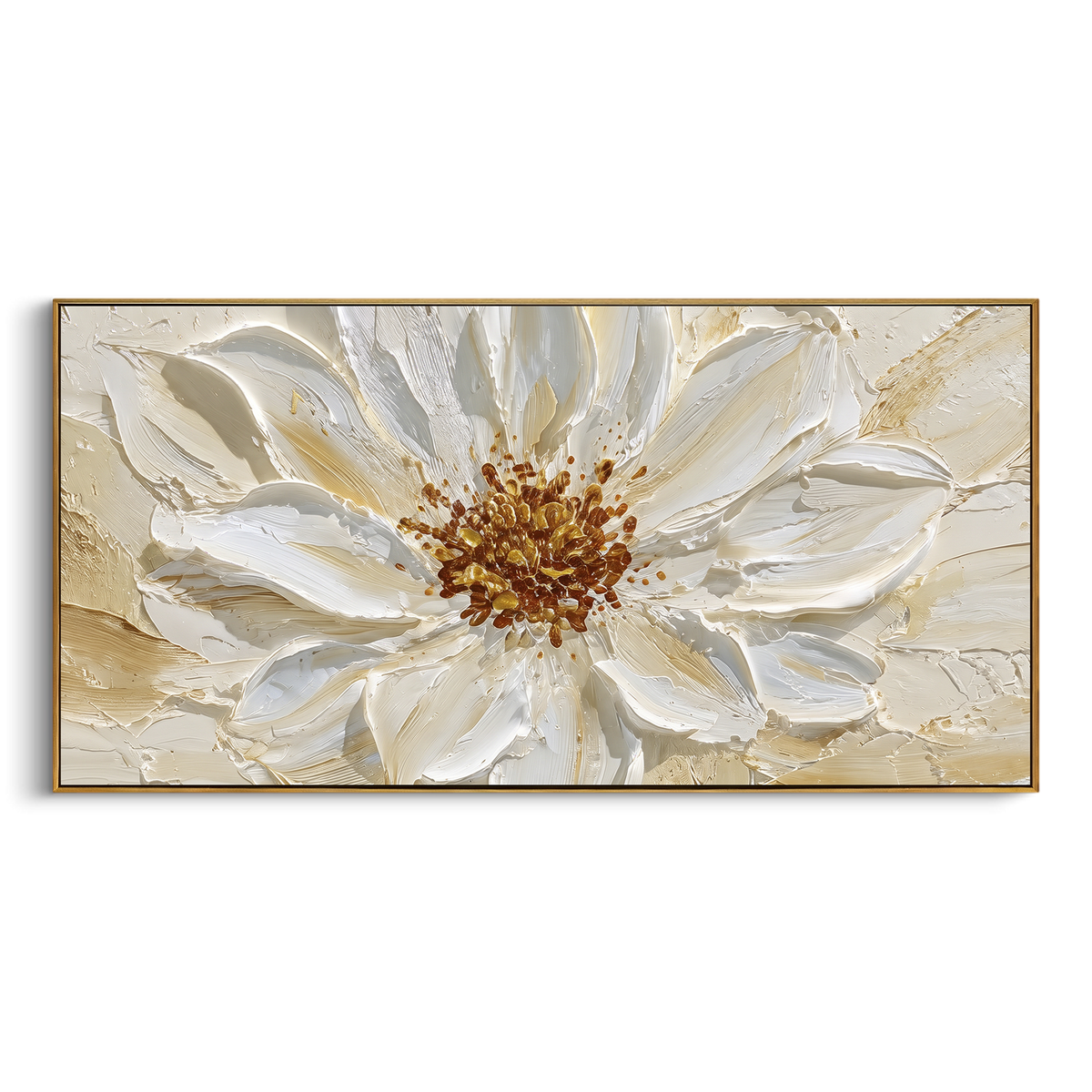 White Daisy Relief focuses on a large white daisy with a textured golden center. The visible subject is placed within a carefully balanced painted field, with the main silhouette, feather, fur, petals, branches, clothing, landscape or background marks kept specific to this artwork. The palette of white, gold, grey creates the mood through clear warm and cool relationships, while lighter passages open the composition and darker passages give the focal form weight. Raised impasto, palette-knife
