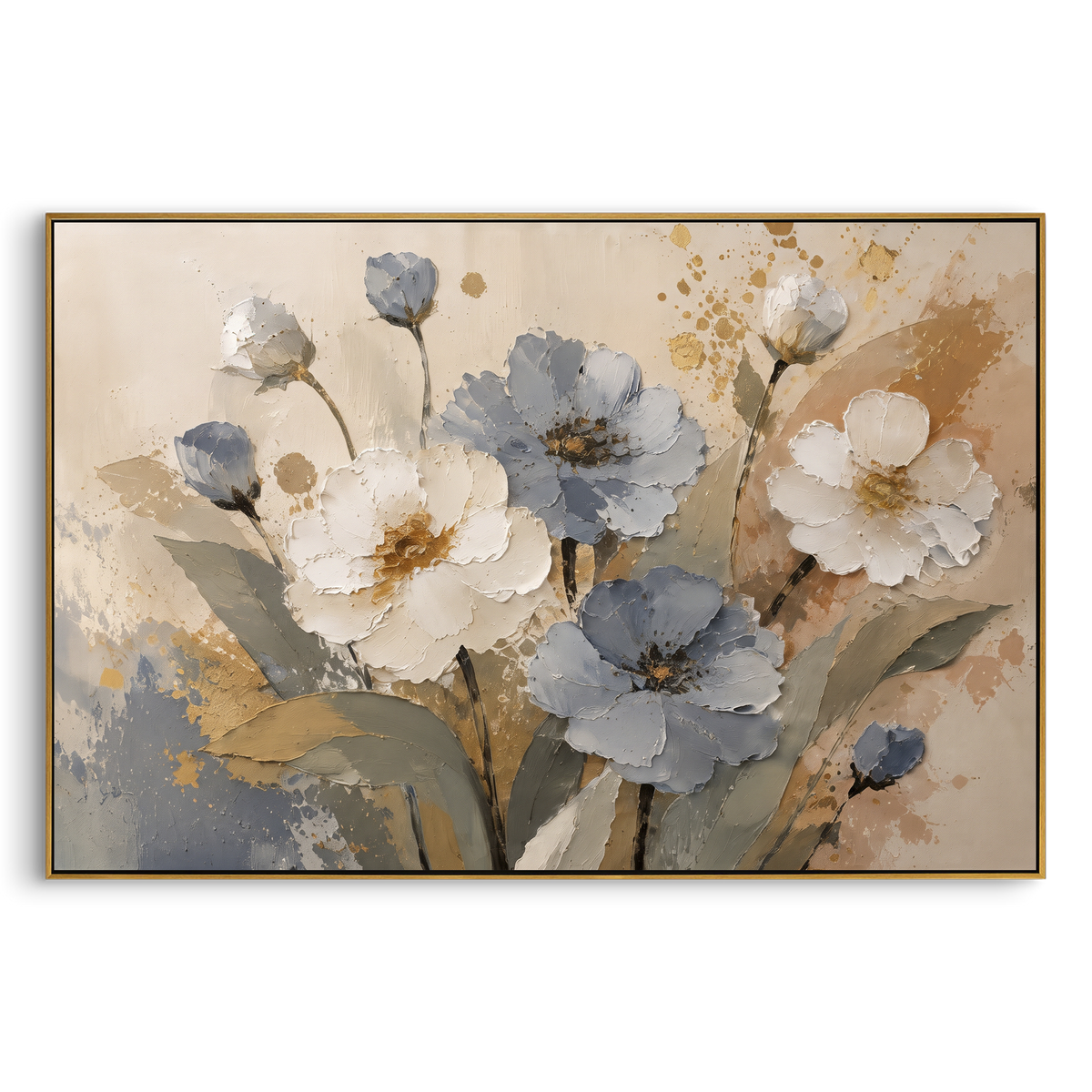 Grey Blue Wildflower Bouquet focuses on white and blue-grey flowers arranged across a muted taupe ground. The visible subject is placed within a carefully balanced painted field, with the main silhouette, feather, fur, petals, branches, clothing, landscape or background marks kept specific to this artwork. The palette of blue, white, grey creates the mood through clear warm and cool relationships, while lighter passages open the composition and darker passages give the focal form weight. Raised