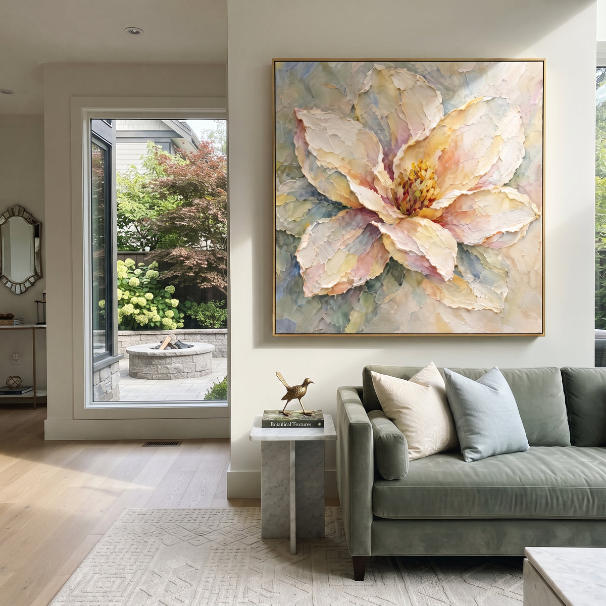 Peach Magnolia Portrait focuses on a peach and cream magnolia opening across a soft green-grey ground. The visible subject is placed within a carefully balanced painted field, with the main silhouette, feather, fur, petals, branches, clothing, landscape or background marks kept specific to this artwork. The palette of pink, beige, green creates the mood through clear warm and cool relationships, while lighter passages open the composition and darker passages give the focal form weight. Raised