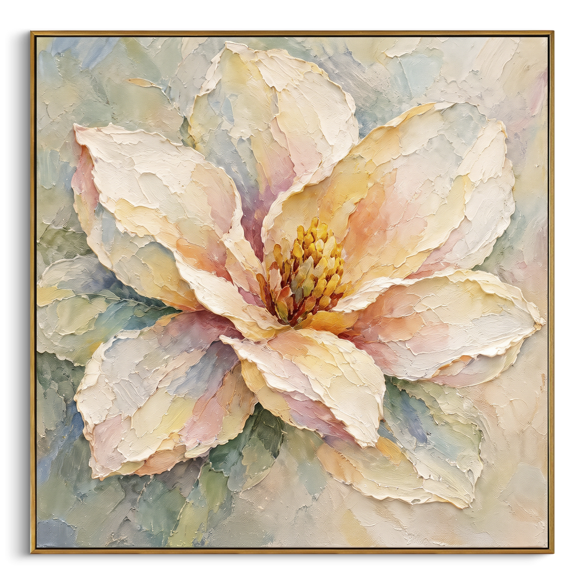 Peach Magnolia Portrait focuses on a peach and cream magnolia opening across a soft green-grey ground. The visible subject is placed within a carefully balanced painted field, with the main silhouette, feather, fur, petals, branches, clothing, landscape or background marks kept specific to this artwork. The palette of pink, beige, green creates the mood through clear warm and cool relationships, while lighter passages open the composition and darker passages give the focal form weight. Raised