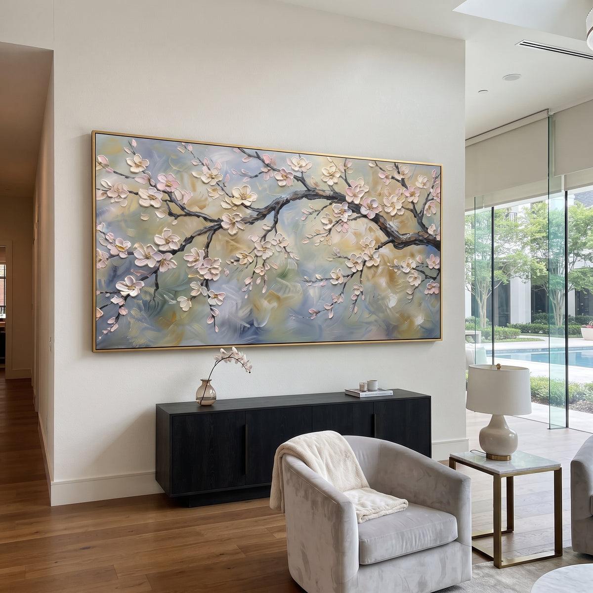 Soft Cherry Branch focuses on a long flowering branch with pale blossoms and misty blue-green atmosphere. The visible subject is placed within a carefully balanced painted field, with the main silhouette, feather, fur, petals, branches, clothing, landscape or background marks kept specific to this artwork. The palette of pink, white, green creates the mood through clear warm and cool relationships, while lighter passages open the composition and darker passages give the focal form weight. Raised