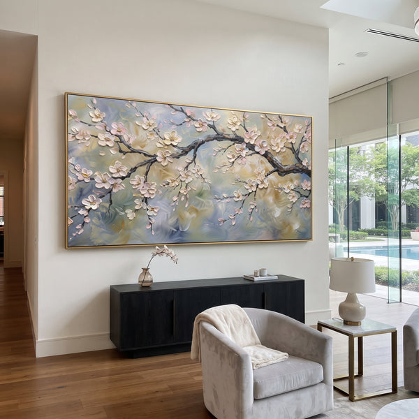 "Soft Cherry Branch" - Modern Heavy Impasto Floral Abstract | Pink & White Palette Knife Painting | Luxury Horizontal Wall Art #PT 2856