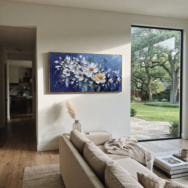 "White Blossom Drift" - Modern Heavy Impasto Floral Abstract | White & Blue Palette Knife Painting | Luxury Horizontal Wall Art #PT 2857