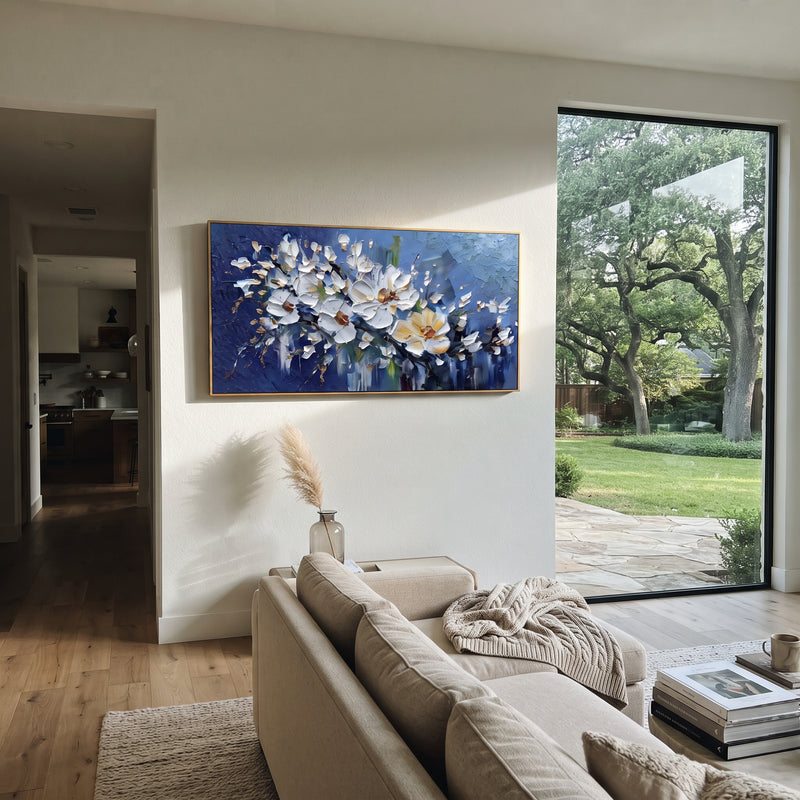 "White Blossom Drift" - Modern Heavy Impasto Floral Abstract | White & Blue Palette Knife Painting | Luxury Horizontal Wall Art #PT 2857