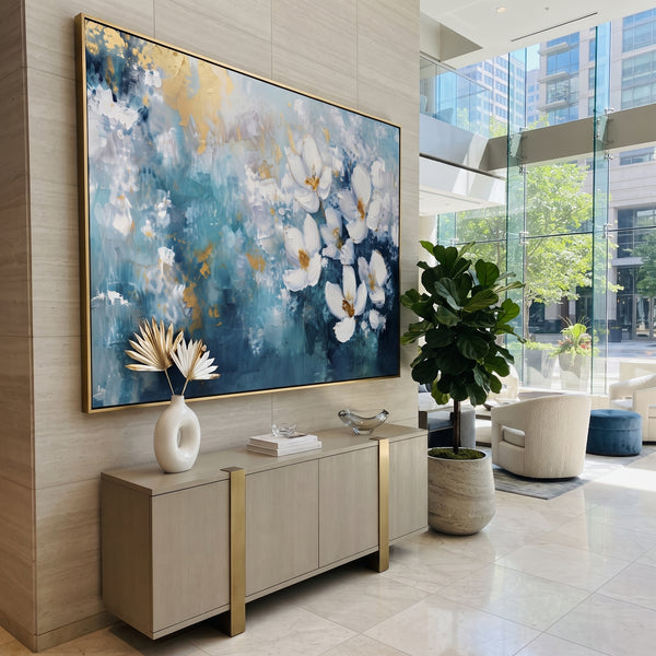 "Blossom Branch in Blue" - Modern Heavy Impasto Floral Abstract | White & Pink Palette Knife Painting | Luxury Horizontal Wall Art #PT 2859