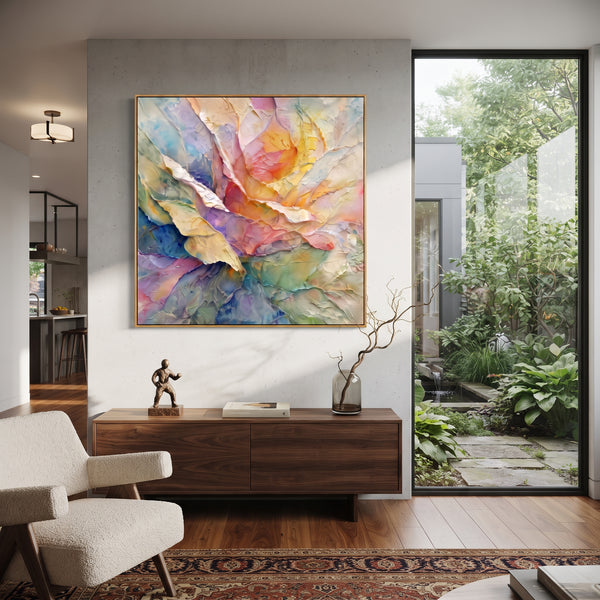 "White Field Flowers" - Modern Heavy Impasto Floral Abstract | White & Blue Palette Knife Painting | Luxury Square Wall Art #PT 2862