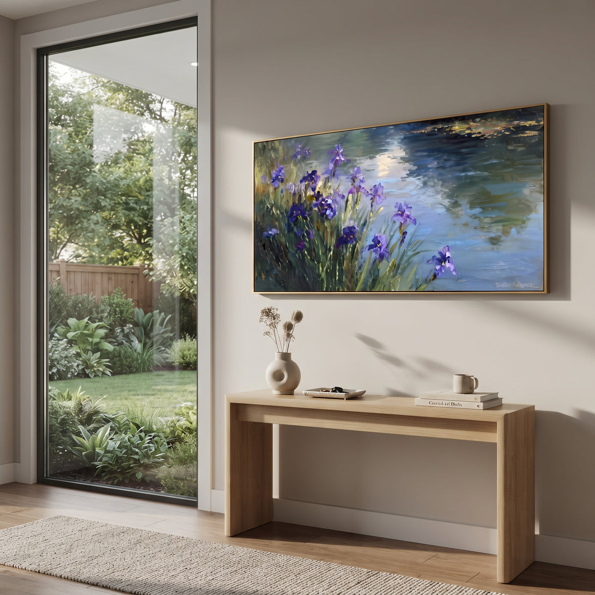 Watercolor Blossom Branch focuses on a light branch of white blossoms floating across turquoise blue. The visible subject is placed within a carefully balanced painted field, with the main silhouette, feather, fur, petals, branches, clothing, landscape or background marks kept specific to this artwork. The palette of white, blue, pink creates the mood through clear warm and cool relationships, while lighter passages open the composition and darker passages give the focal form weight. Raised
